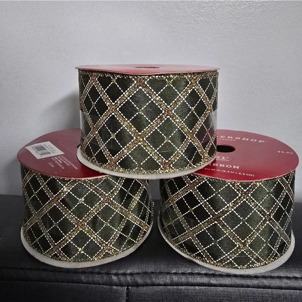 Bundle of 3 Textured Satin Glitter Diagonal Cross Plaid 2,5"  Ribbon. Total 63 f